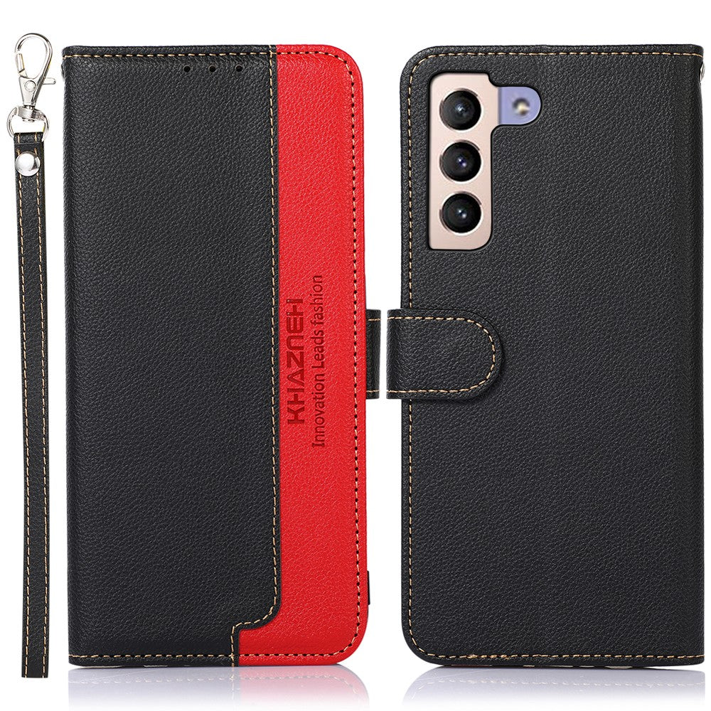KHAZNEH Scratches Protection RFID Blocking Litchi Texture Leather Wallet Phone Case with Handy Strap for Samsung Galaxy S22+ 5G