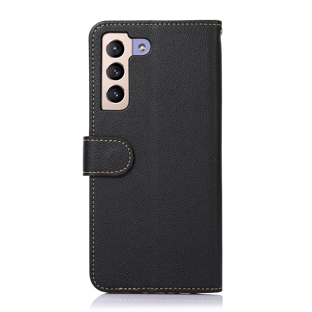 KHAZNEH Scratches Protection RFID Blocking Litchi Texture Leather Wallet Phone Case with Handy Strap for Samsung Galaxy S22+ 5G