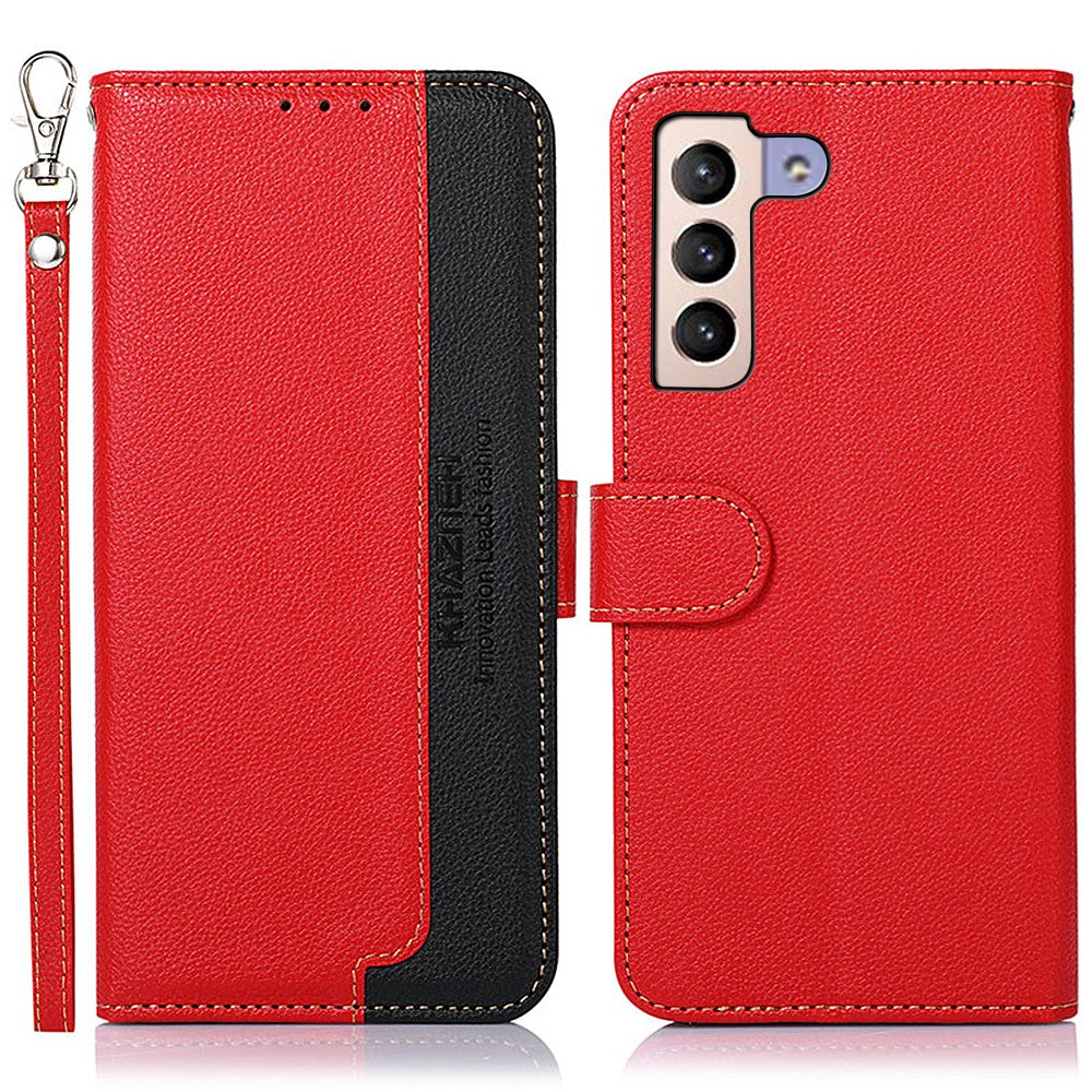 KHAZNEH Scratches Protection RFID Blocking Litchi Texture Leather Wallet Phone Case with Handy Strap for Samsung Galaxy S22+ 5G