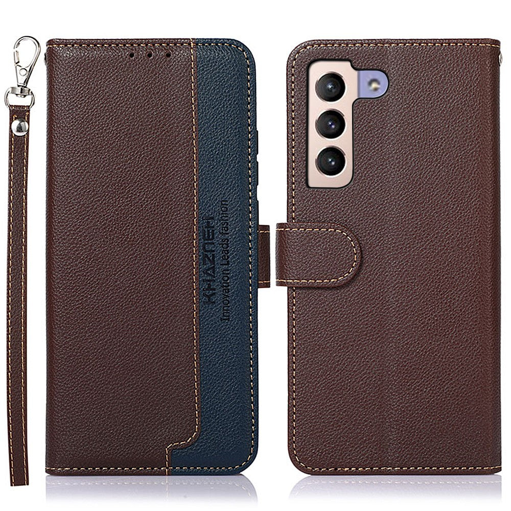 KHAZNEH Scratches Protection RFID Blocking Litchi Texture Leather Wallet Phone Case with Handy Strap for Samsung Galaxy S22+ 5G