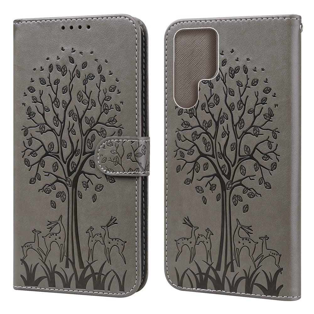 Stand Function Deer and Tree Imprinted PU Leather Wallet Magnetic Shockproof Case for Samsung Galaxy S22 Ultra 5G