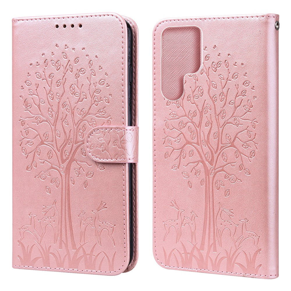Stand Function Deer and Tree Imprinted PU Leather Wallet Magnetic Shockproof Case for Samsung Galaxy S22 Ultra 5G