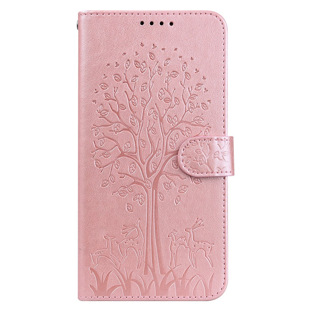 Stand Function Deer and Tree Imprinted PU Leather Wallet Magnetic Shockproof Case for Samsung Galaxy S22 Ultra 5G
