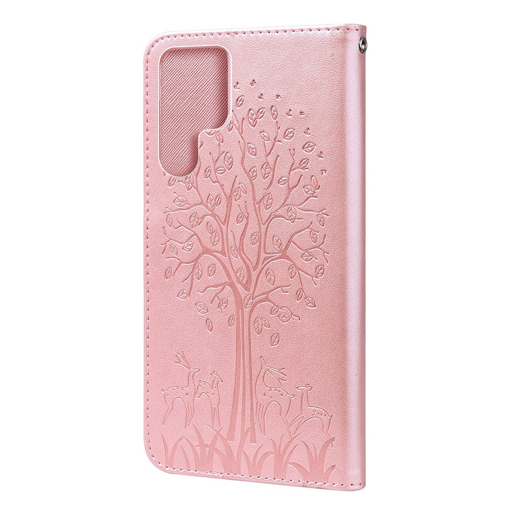 Stand Function Deer and Tree Imprinted PU Leather Wallet Magnetic Shockproof Case for Samsung Galaxy S22 Ultra 5G