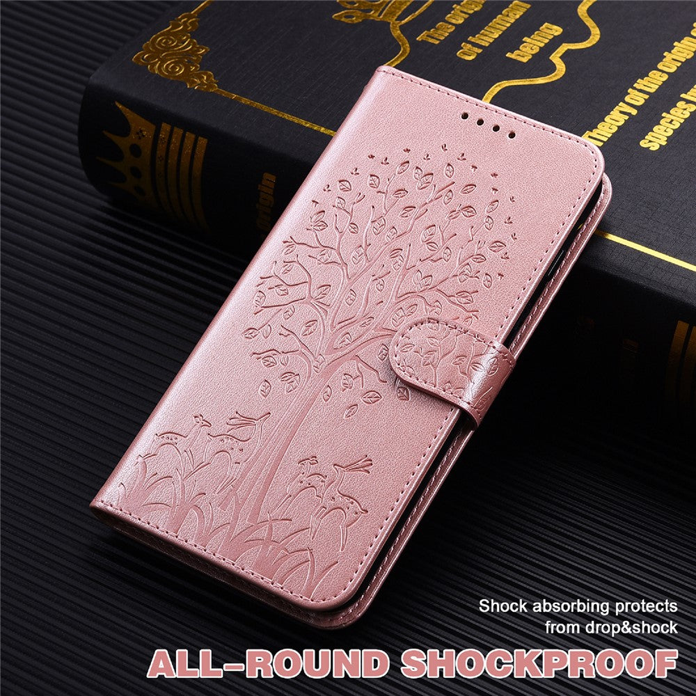 Stand Function Deer and Tree Imprinted PU Leather Wallet Magnetic Shockproof Case for Samsung Galaxy S22 Ultra 5G
