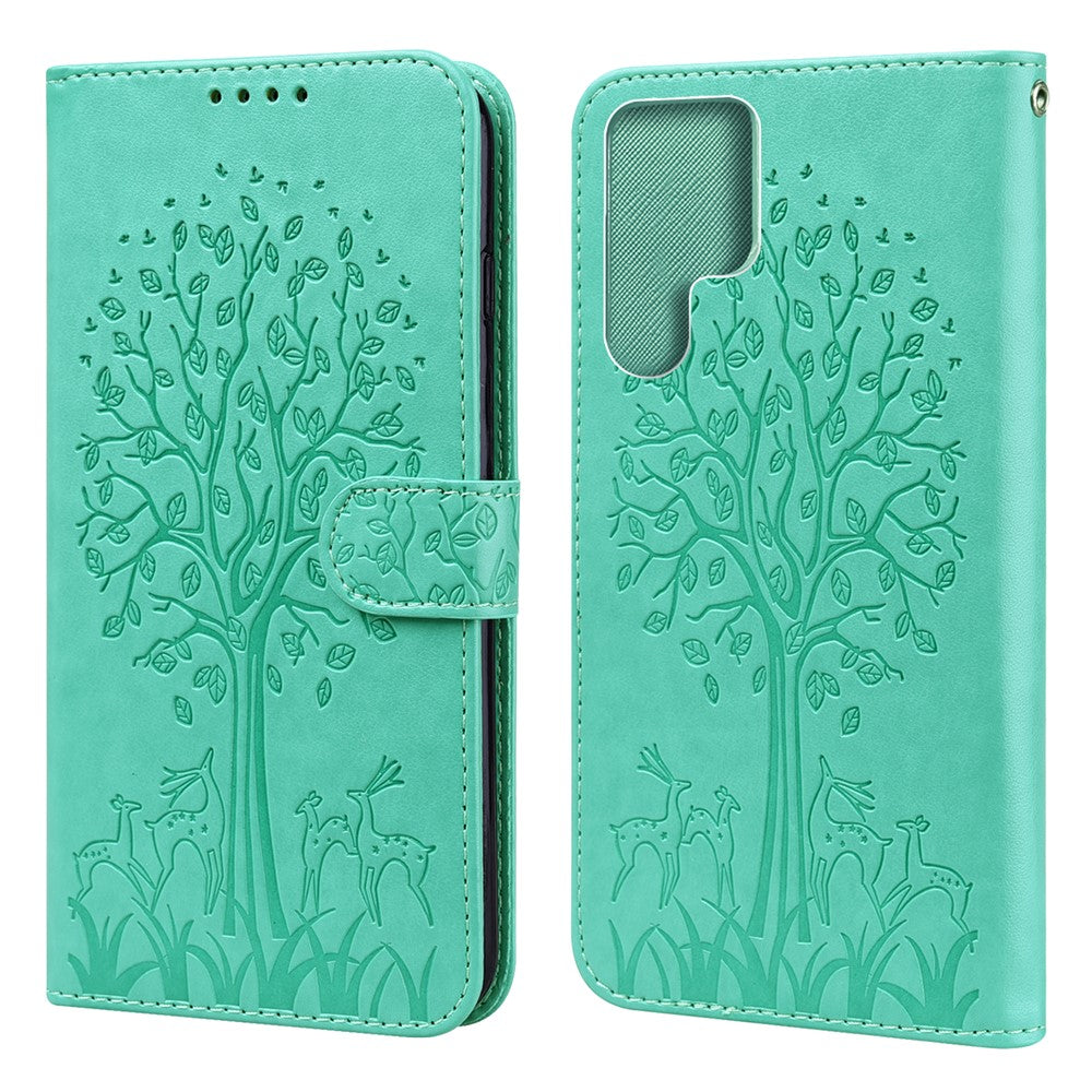 Stand Function Deer and Tree Imprinted PU Leather Wallet Magnetic Shockproof Case for Samsung Galaxy S22 Ultra 5G