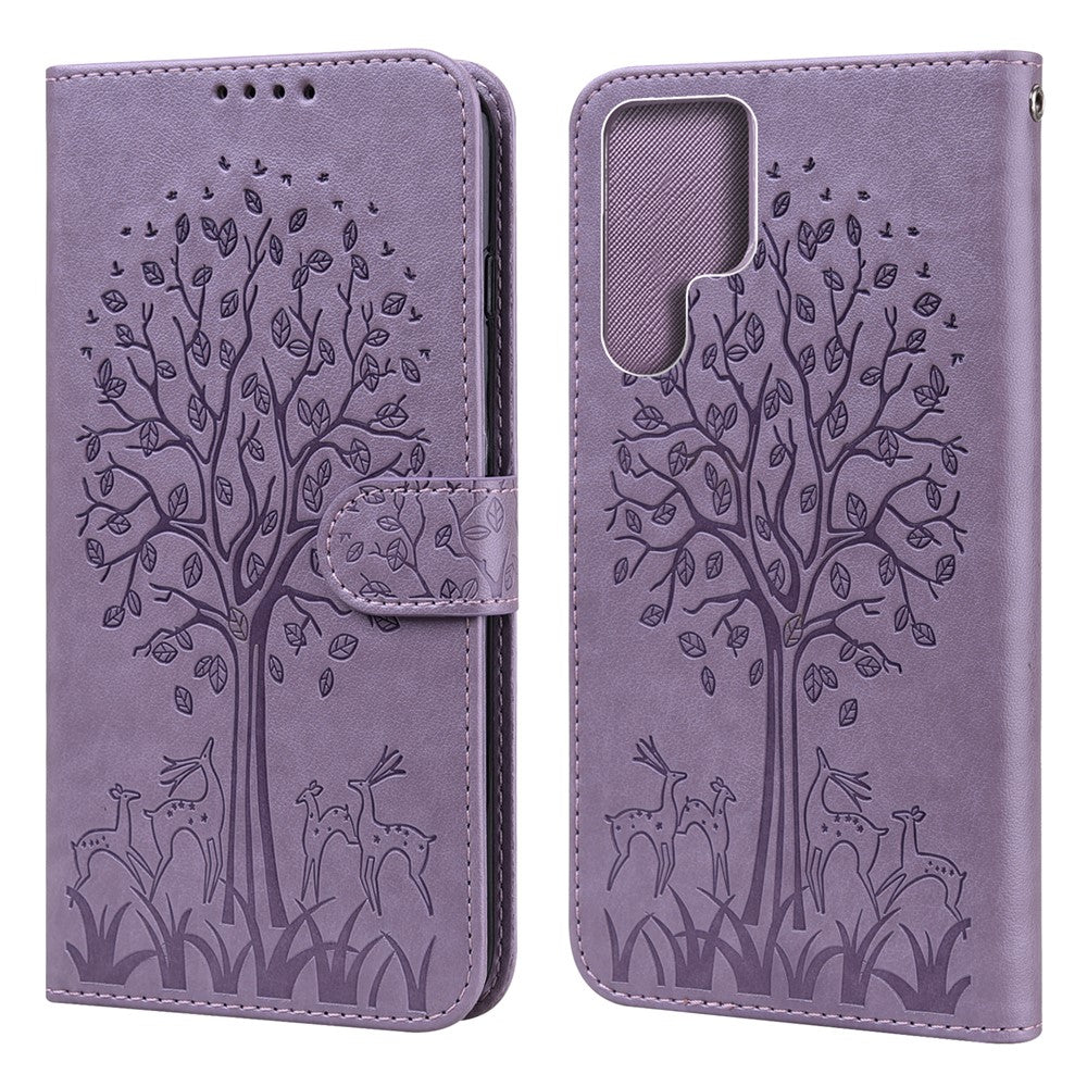Stand Function Deer and Tree Imprinted PU Leather Wallet Magnetic Shockproof Case for Samsung Galaxy S22 Ultra 5G