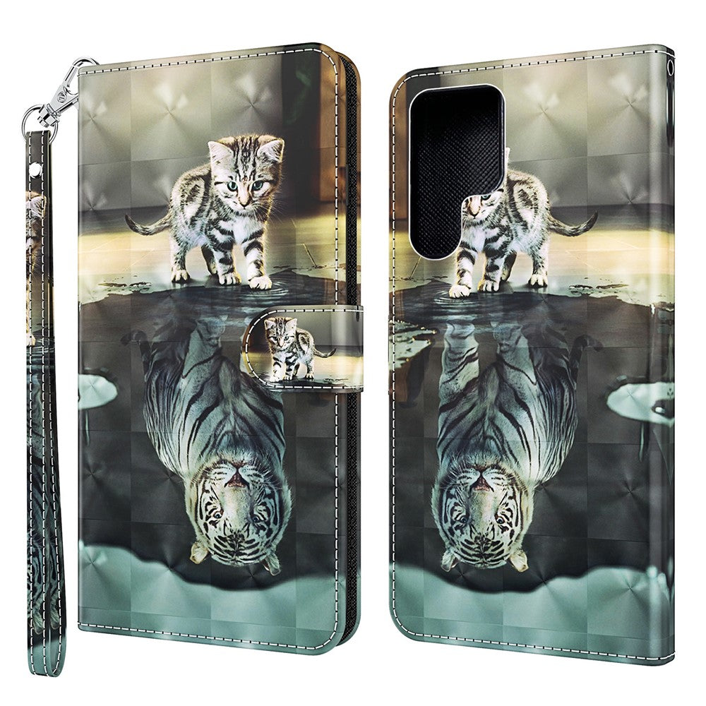 3D Creative Pattern Printing PU Leather Stand Flip Wallet Magnetic Protective Case with Strap for Samsung Galaxy S22 Ultra 5G