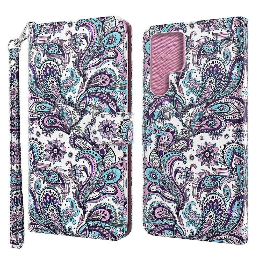 3D Creative Pattern Printing PU Leather Stand Flip Wallet Magnetic Protective Case with Strap for Samsung Galaxy S22 Ultra 5G
