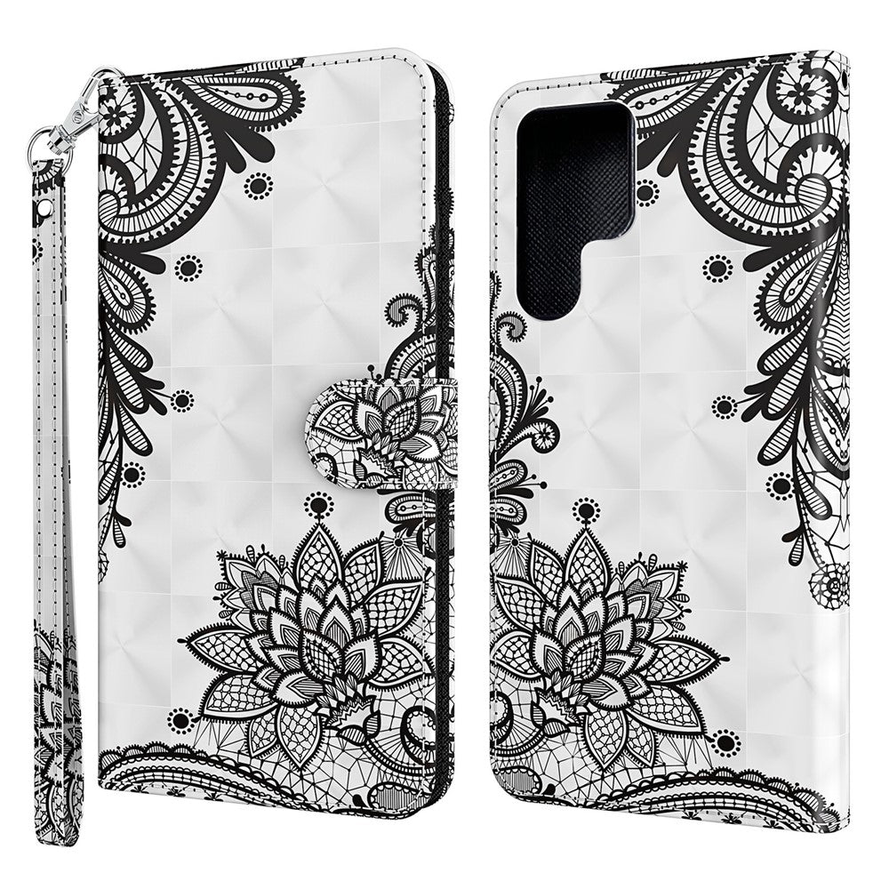 3D Creative Pattern Printing PU Leather Stand Flip Wallet Magnetic Protective Case with Strap for Samsung Galaxy S22 Ultra 5G