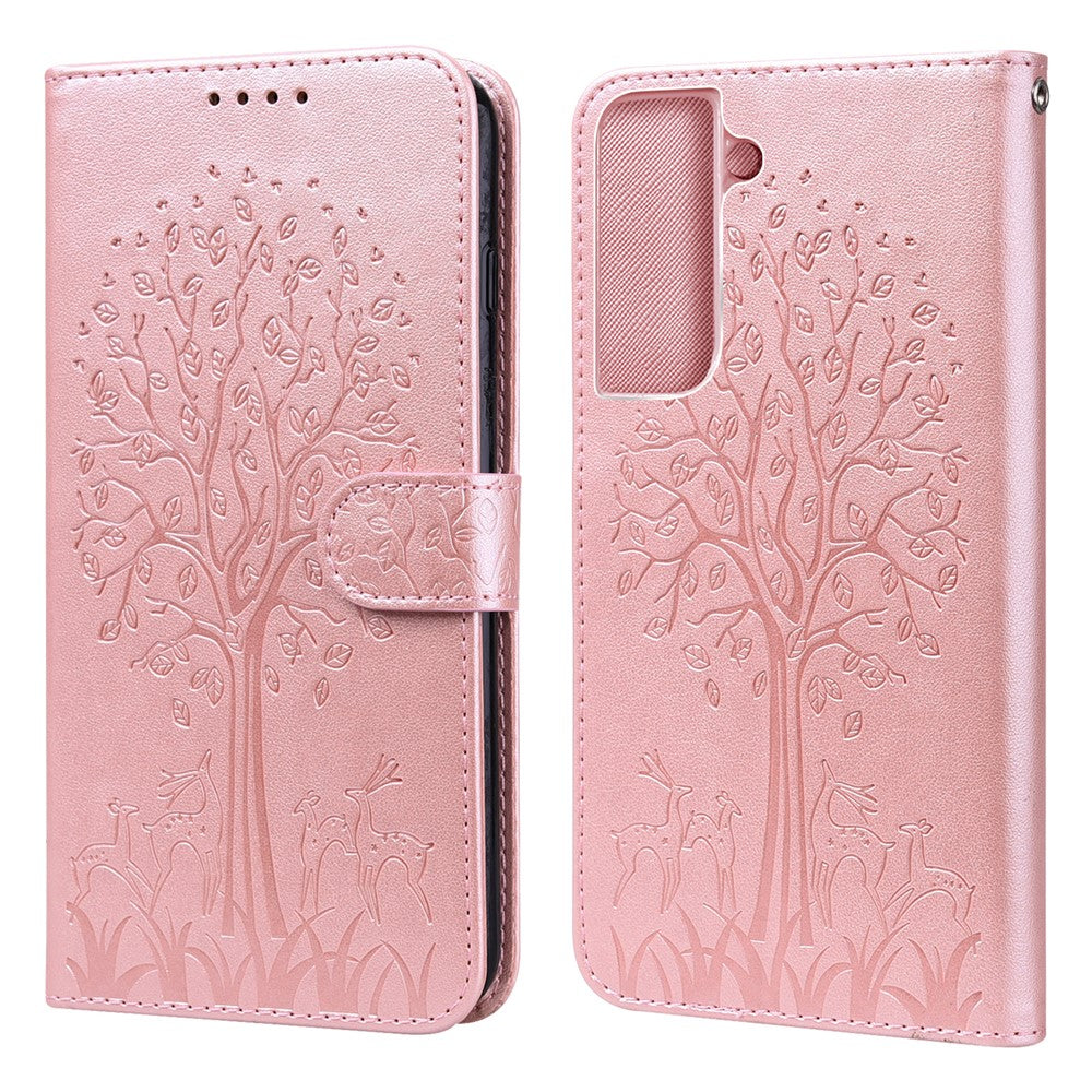 Deer and Tree Imprinting Stand Feature PU Leather Wallet Shockproof Flip Magnetic Case for Samsung Galaxy S22 5G
