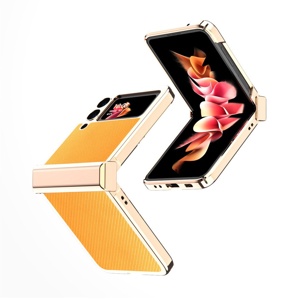3Pcs/Set Separate Design Carbon Fiber Texture Vacuum Electroplating Frame PU Leather Coated PC Phone Cover Case for Samsung Galaxy Z Flip3 5G