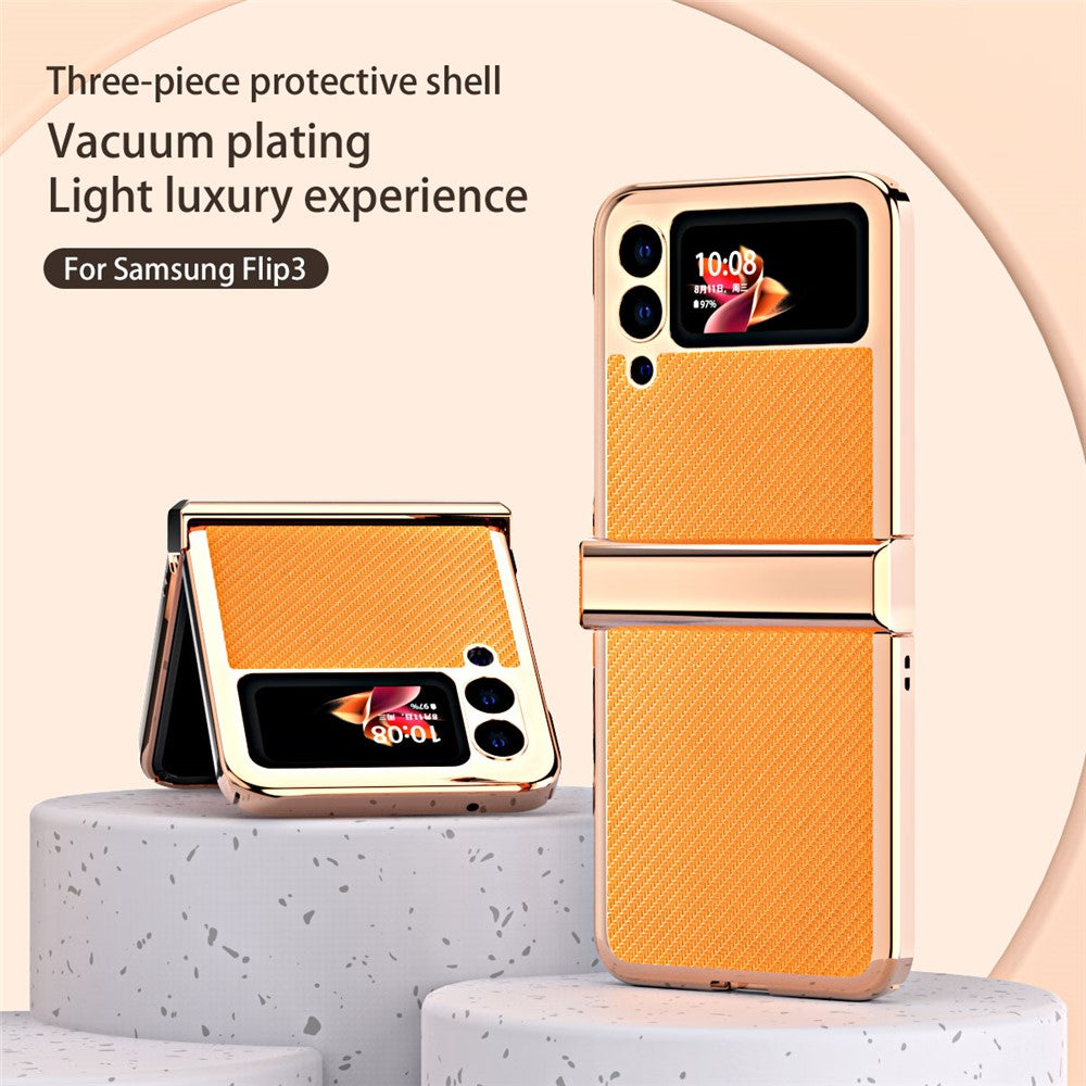 3Pcs/Set Separate Design Carbon Fiber Texture Vacuum Electroplating Frame PU Leather Coated PC Phone Cover Case for Samsung Galaxy Z Flip3 5G