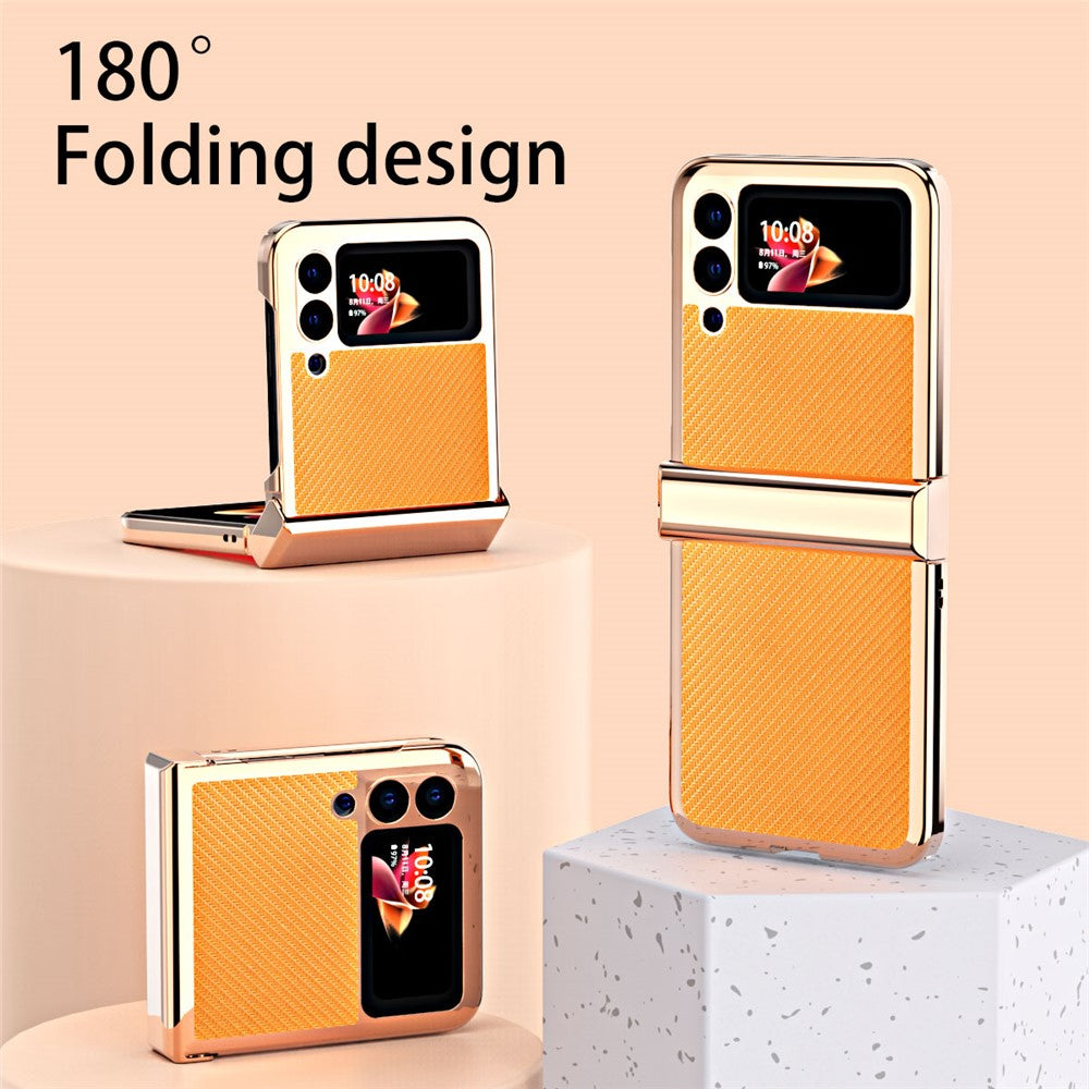 3Pcs/Set Separate Design Carbon Fiber Texture Vacuum Electroplating Frame PU Leather Coated PC Phone Cover Case for Samsung Galaxy Z Flip3 5G