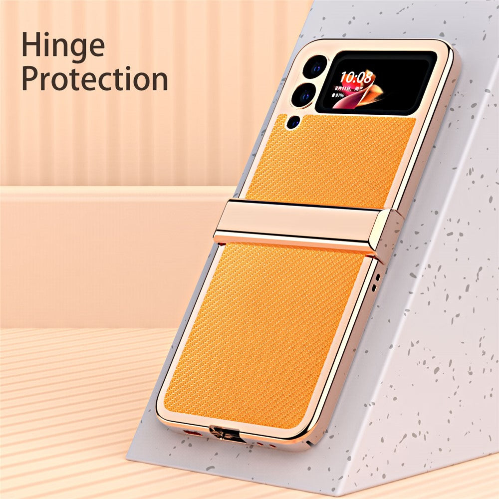 3Pcs/Set Separate Design Carbon Fiber Texture Vacuum Electroplating Frame PU Leather Coated PC Phone Cover Case for Samsung Galaxy Z Flip3 5G