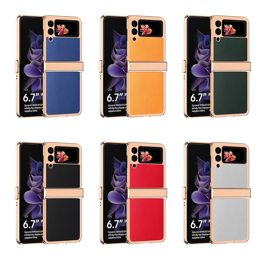 3Pcs/Set Separate Design Carbon Fiber Texture Vacuum Electroplating Frame PU Leather Coated PC Phone Cover Case for Samsung Galaxy Z Flip3 5G