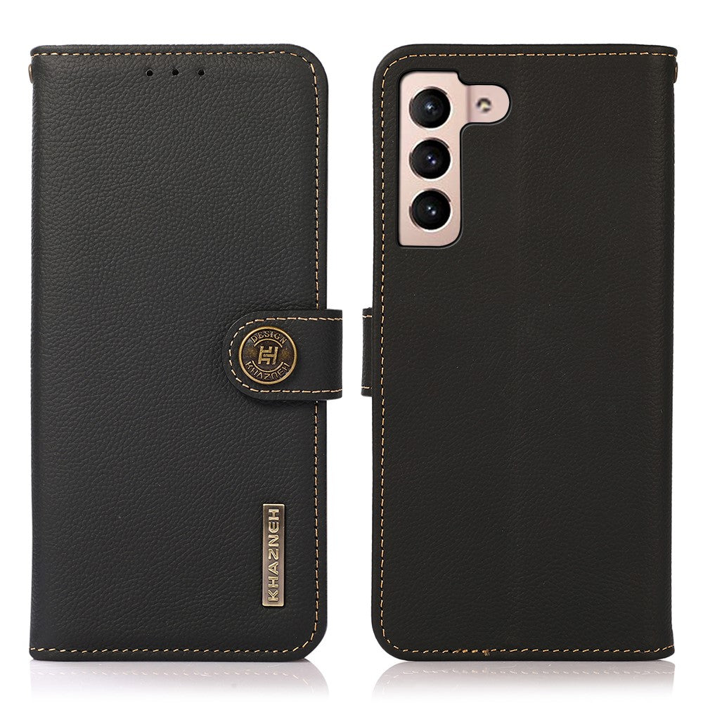 KHAZNEH Ægte Læder Phone Guard Pung Stand Etui med RFID Blokerende Tyverisikret Design mod Aflæsning for Samsung Galaxy S22 5G