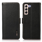 KHAZNEH RFID Blocking Anti-theft Swiping Litchi Texture Wallet Stand Shell Anti-drop Genuine Leather Phone Case for Samsung Galaxy S22+ 5G