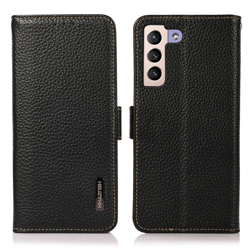 KHAZNEH RFID Blocking Anti-theft Swiping Litchi Texture Wallet Stand Shell Anti-drop Genuine Leather Phone Case for Samsung Galaxy S22+ 5G
