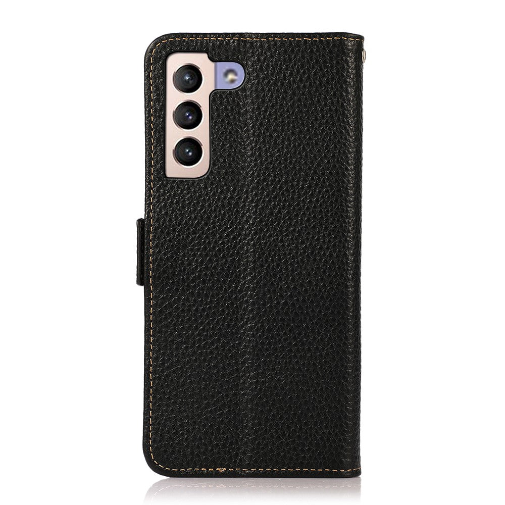 KHAZNEH RFID Blocking Anti-theft Swiping Litchi Texture Wallet Stand Shell Anti-drop Genuine Leather Phone Case for Samsung Galaxy S22+ 5G