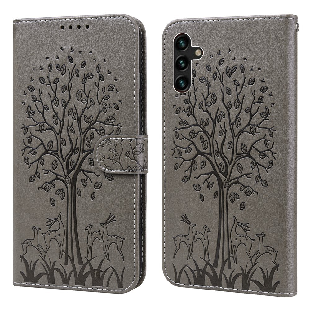 Tegnebogsetui i PU-læder med hjorte- og træprægning, stativ, sammenfoldeligt magnetisk cover til Samsung Galaxy A13 5G / A04s 4G (164,7 mm)