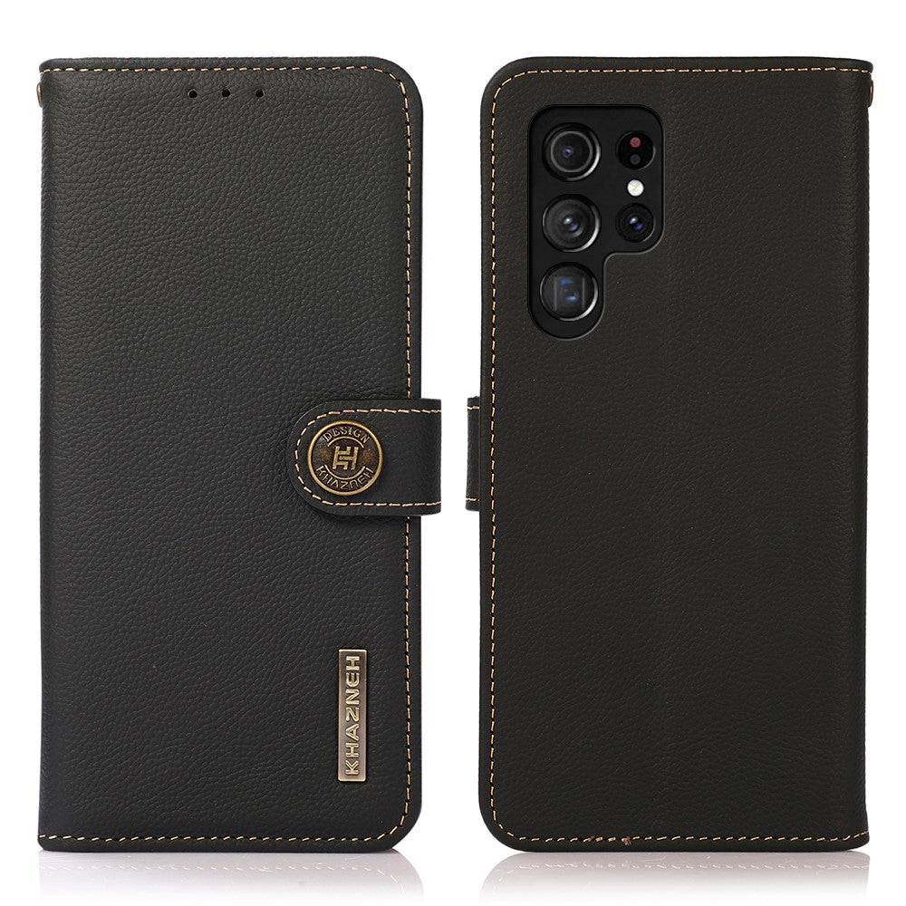 KHAZNEH Impact-proof Textured Genuine Leather Phone Case with Anti-theft Swiping Design for Samsung Galaxy S22 Ultra 5G