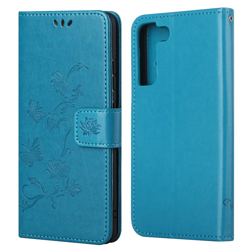 Stylish Butterfly and Flower Imprinting PU Leather Wallet Magnetic Flip Stand Shockproof Cover with Strap for Samsung Galaxy S22+ 5G
