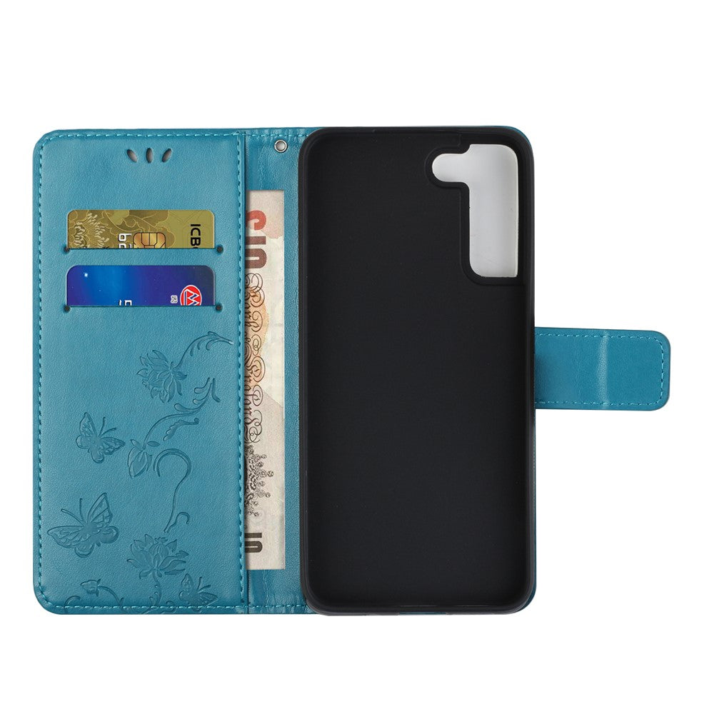 Snyggt PU-läderplånbok med fjärils- och blommönster, magnetiskt fällbart stativ, stötsäkert fodral med rem för Samsung Galaxy S22+ 5G