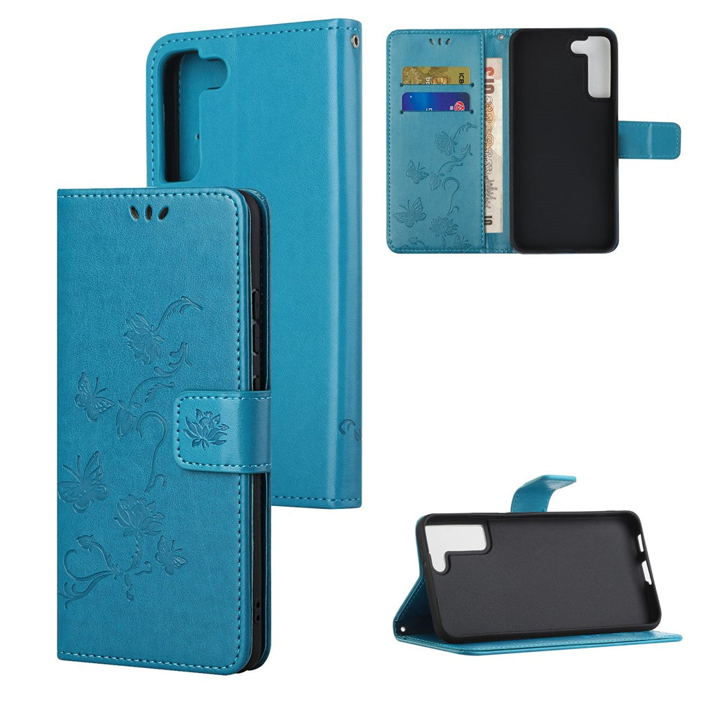 Snyggt PU-läderplånbok med fjärils- och blommönster, magnetiskt fällbart stativ, stötsäkert fodral med rem för Samsung Galaxy S22+ 5G