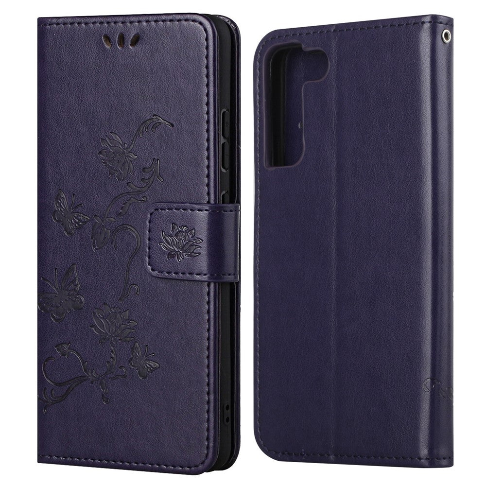 Snyggt PU-läderplånbok med fjärils- och blommönster, magnetiskt fällbart stativ, stötsäkert fodral med rem för Samsung Galaxy S22+ 5G