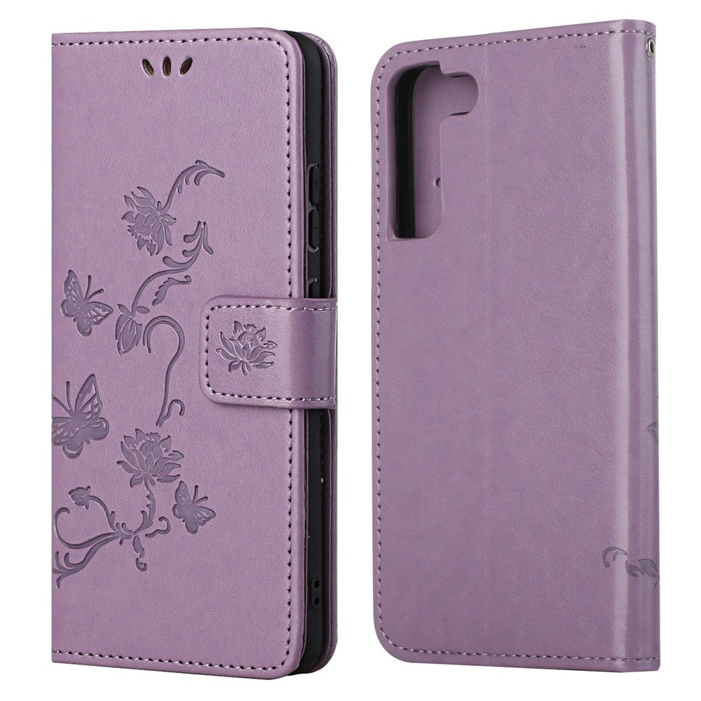 Snyggt PU-läderplånbok med fjärils- och blommönster, magnetiskt fällbart stativ, stötsäkert fodral med rem för Samsung Galaxy S22+ 5G