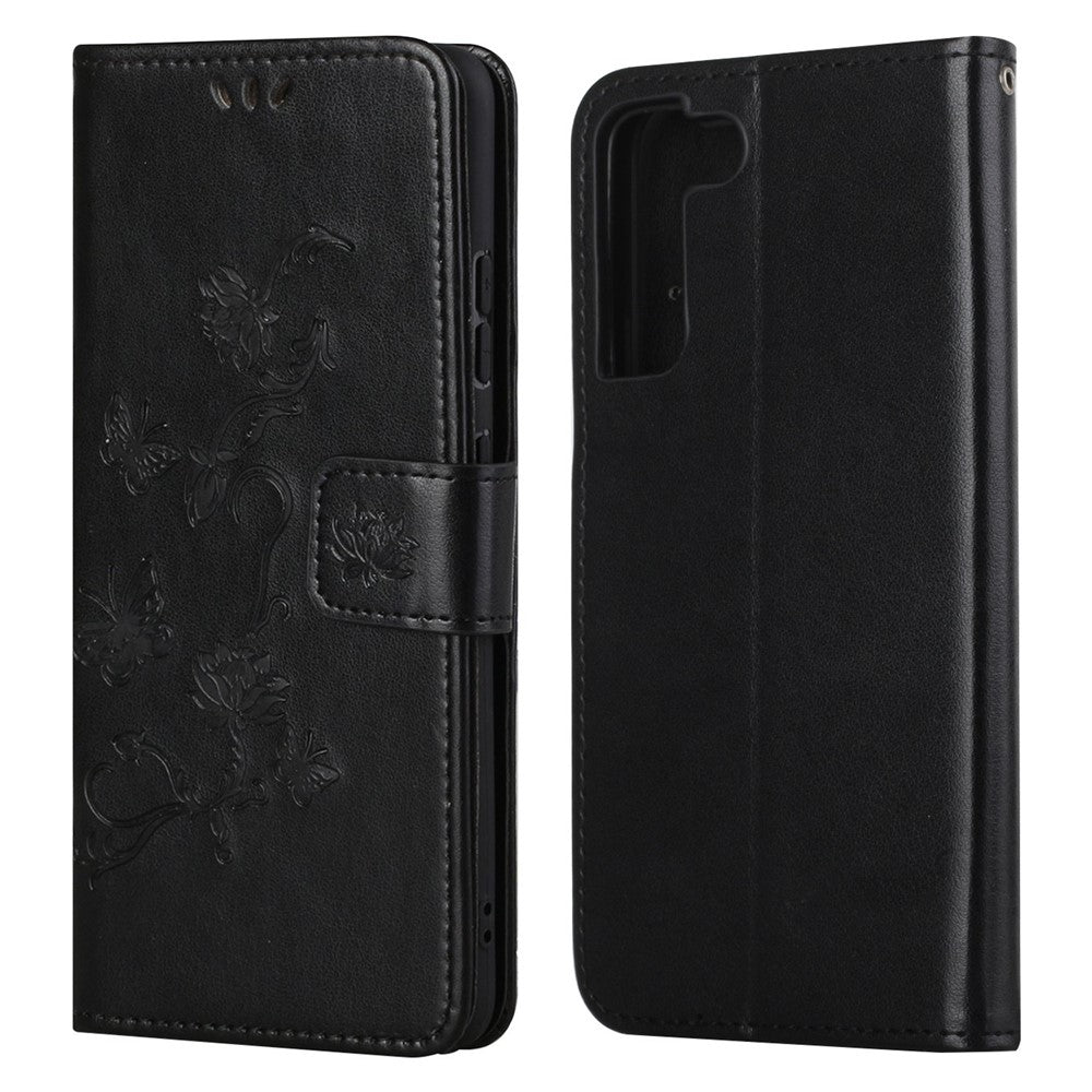 Snyggt PU-läderplånbok med fjärils- och blommönster, magnetiskt fällbart stativ, stötsäkert fodral med rem för Samsung Galaxy S22+ 5G