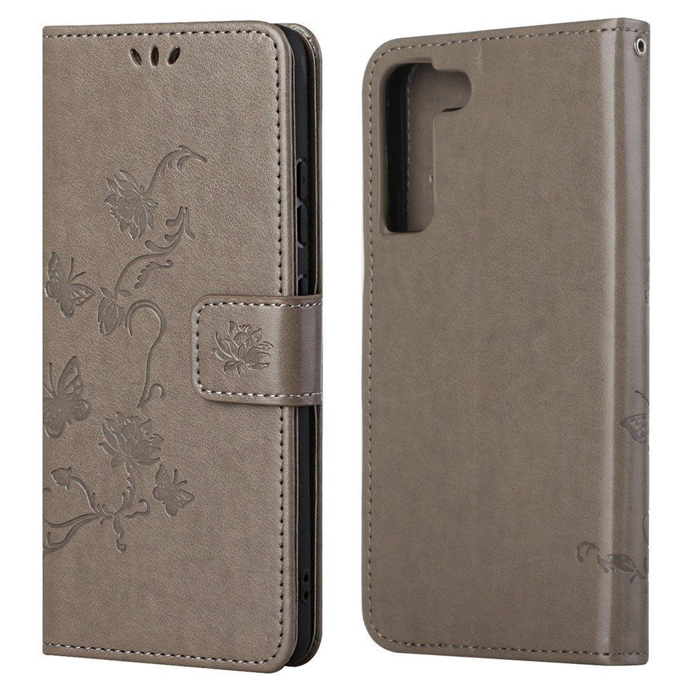 Snyggt PU-läderplånbok med fjärils- och blommönster, magnetiskt fällbart stativ, stötsäkert fodral med rem för Samsung Galaxy S22+ 5G
