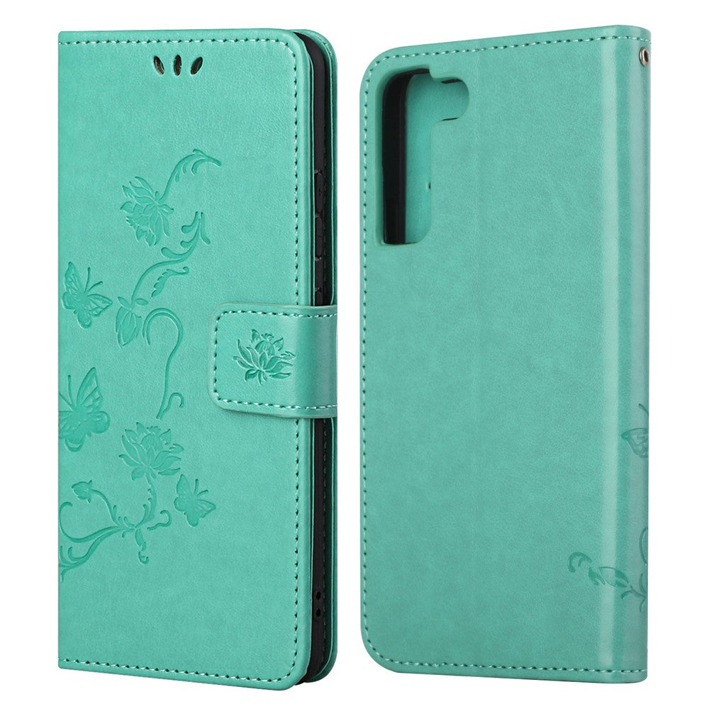 Snyggt PU-läderplånbok med fjärils- och blommönster, magnetiskt fällbart stativ, stötsäkert fodral med rem för Samsung Galaxy S22+ 5G