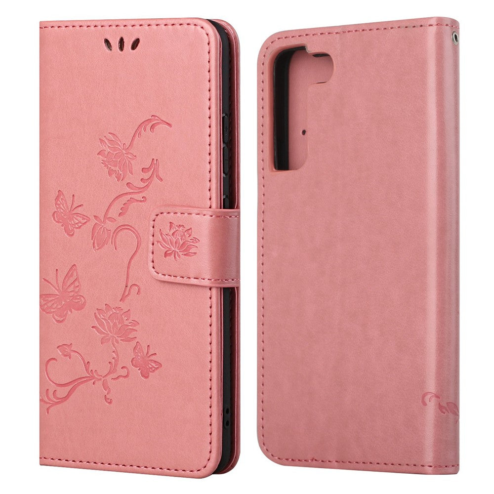 Snyggt PU-läderplånbok med fjärils- och blommönster, magnetiskt fällbart stativ, stötsäkert fodral med rem för Samsung Galaxy S22+ 5G