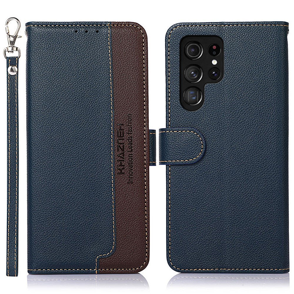 KHAZNEH RFID Blocking Litchi Texture Wallet Stand Leather Protective Phone Case Shell for Samsung Galaxy S22 Ultra 5G