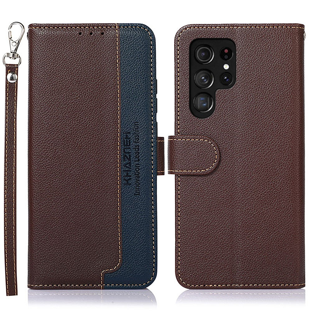 KHAZNEH RFID Blocking Litchi Texture Wallet Stand Leather Protective Phone Case Shell for Samsung Galaxy S22 Ultra 5G