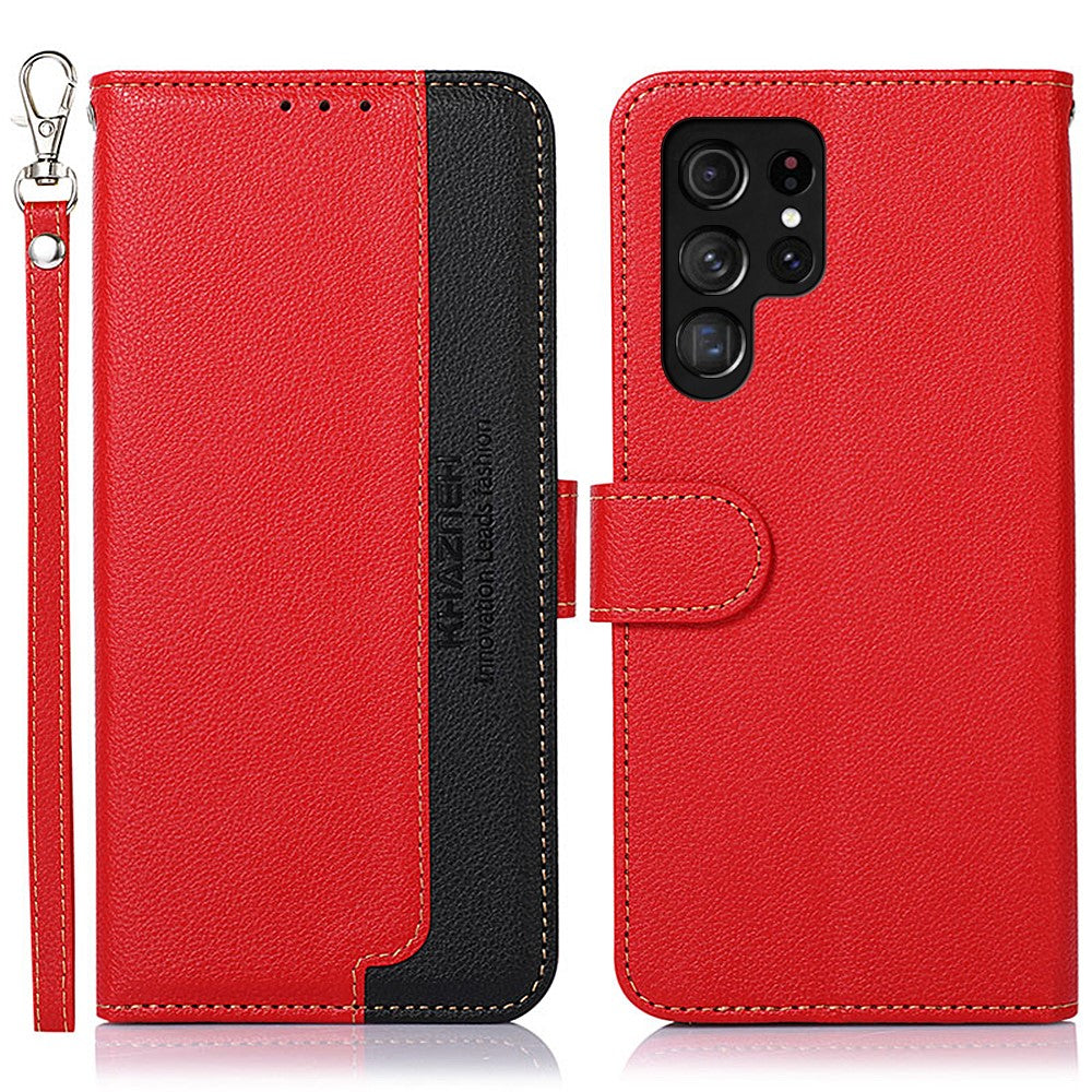 KHAZNEH RFID Blocking Litchi Texture Wallet Stand Leather Protective Phone Case Shell for Samsung Galaxy S22 Ultra 5G