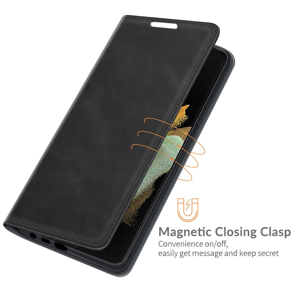 Automatisk magnetstängning, fällbart mobilskal, stativdesign, hudvänligt superläderfodral med plånbok för Samsung Galaxy S22 Ultra 5G