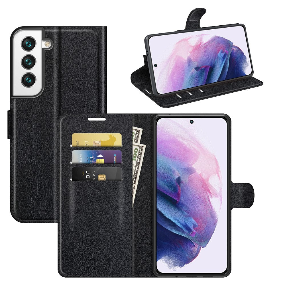 Quality PU Leather Wallet Case Litchi Texture Magnetic Closure Protective Stand Flip Phone Cover for Samsung Galaxy S22+ 5G