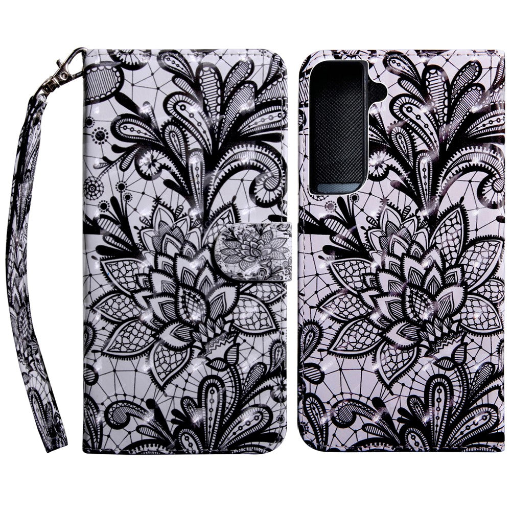 3D-kreativt mönstertryck i PU-läder, folio-flipplånboksfodral med stativ, magnetisk stängning och rem för Samsung Galaxy S22 5G
