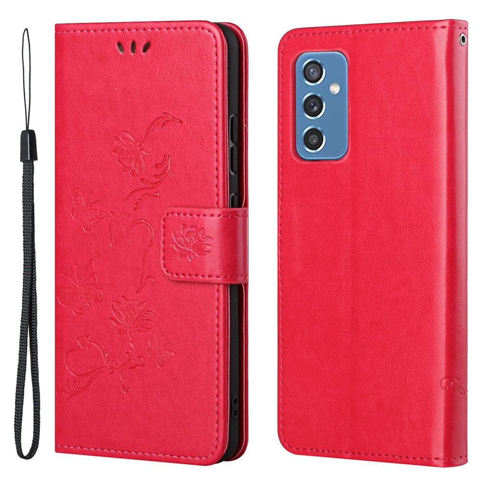 Butterfly Flower Imprinting Anti-Scratch Anti-Drop Leather Phone Wallet Stand Cover with Strap for Samsung Galaxy M52 5G