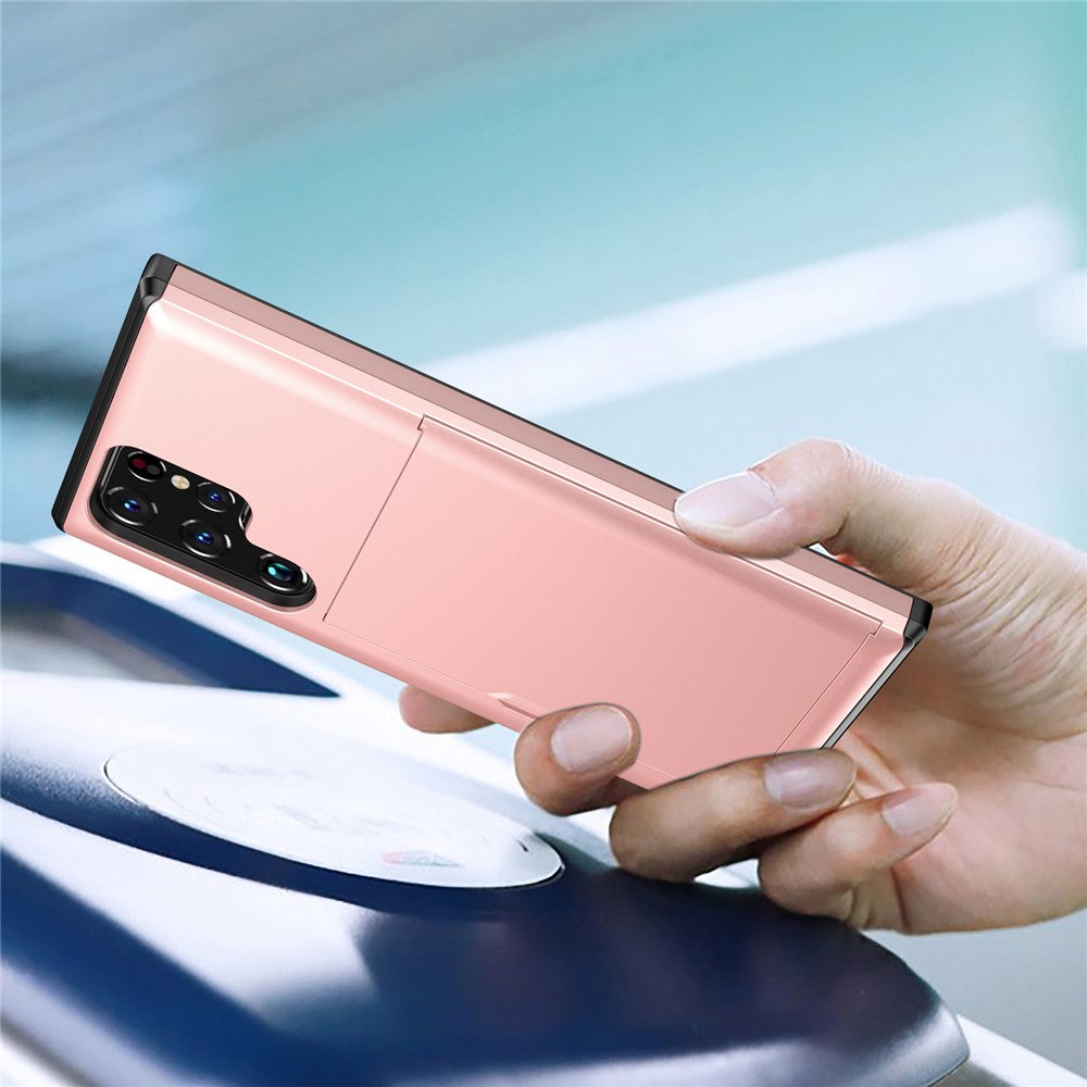 Skjutbart korthållare Fallsäkert Välskyddat Slät PC + TPU Hybrid Mobilskal för Samsung Galaxy S22 Ultra 5G
