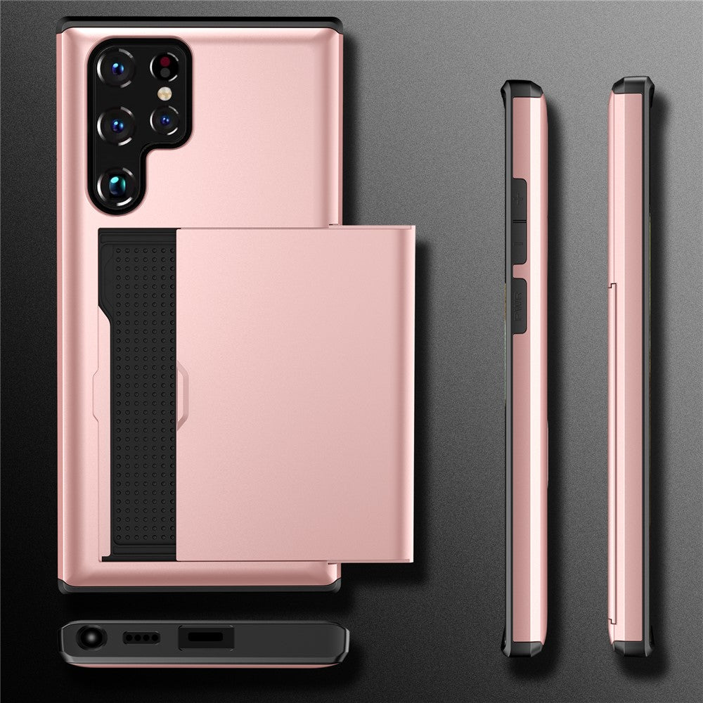 Skjutbart korthållare Fallsäkert Välskyddat Slät PC + TPU Hybrid Mobilskal för Samsung Galaxy S22 Ultra 5G