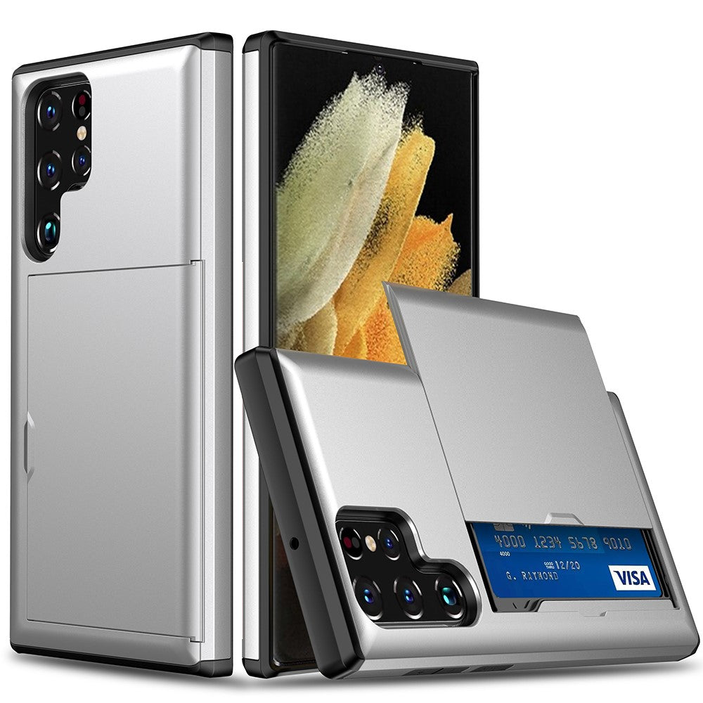 Skjutbart korthållare Fallsäkert Välskyddat Slät PC + TPU Hybrid Mobilskal för Samsung Galaxy S22 Ultra 5G