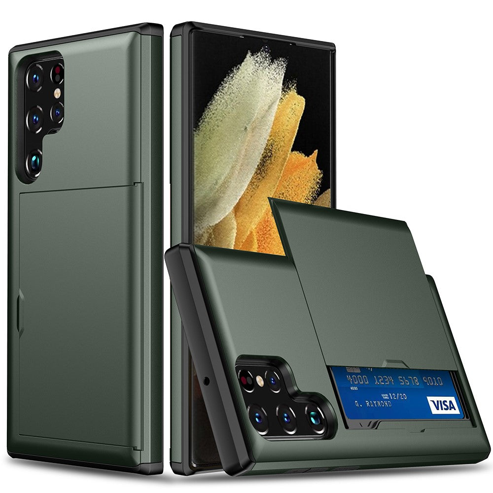 Skjutbart korthållare Fallsäkert Välskyddat Slät PC + TPU Hybrid Mobilskal för Samsung Galaxy S22 Ultra 5G