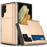 Skjutbart korthållare Fallsäkert Välskyddat Slät PC + TPU Hybrid Mobilskal för Samsung Galaxy S22 Ultra 5G