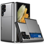 Skjutbart korthållare Fallsäkert Välskyddat Slät PC + TPU Hybrid Mobilskal för Samsung Galaxy S22 Ultra 5G