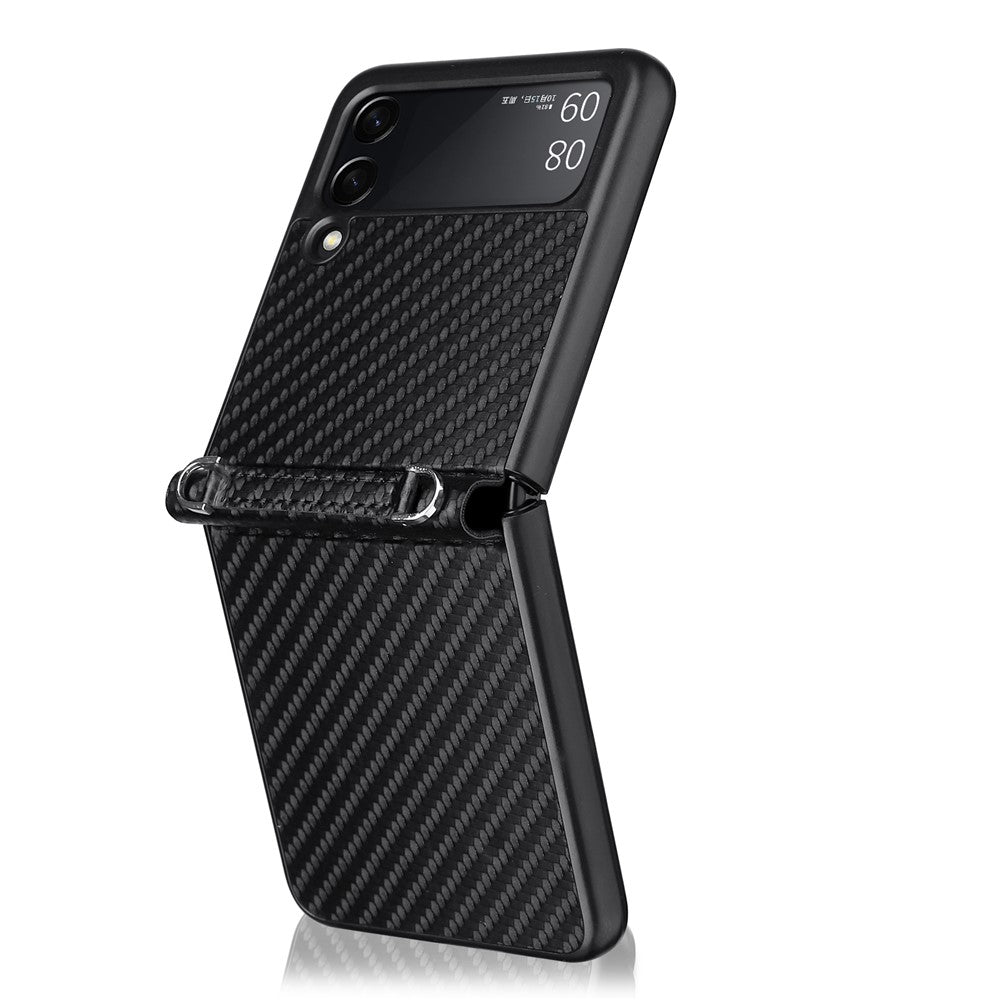Kolfiberstruktur i ett stycke, PU-läderbelagt PC-mobilskal med rem för Samsung Galaxy Z Flip3 5G