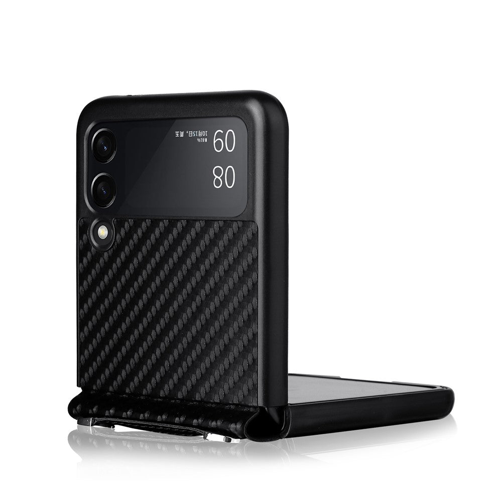 Kolfiberstruktur i ett stycke, PU-läderbelagt PC-mobilskal med rem för Samsung Galaxy Z Flip3 5G